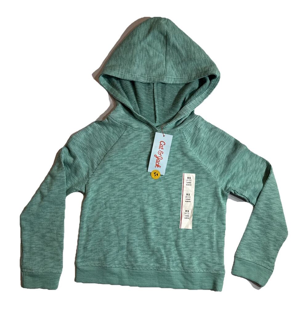 Cat & Jack Girls XS (4-5) Ocean Green Ribbed Hooded Sweatshirt Pullover